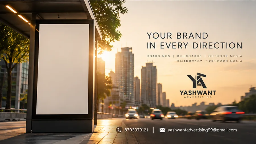 Bus shelter advertising panel on a city street at sunrise, ready for brand creative